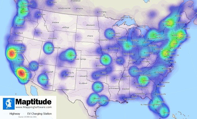 Maptitude density heat map of US and Canada EV charging stations